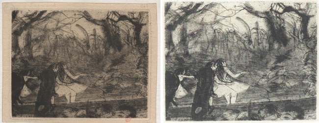 Edgar Degas, Sur la scène III. A gauche : état V/VI, bibliothèque de l'INHA. A droite : état V ou VI/VI, Museum of Fine Arts de San Francisco.