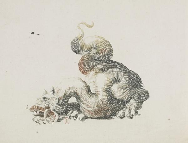 Dragon, burin imprimé en couleurs à la poupée, vers 1685-1697, bibliothèque de l'INHA, collections Jacques-Doucet, EA TEYLER 6. Cliché INHA