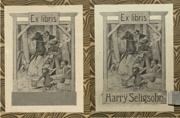 Ex-libris d’Harry Seligsohn, recouvert par un morceau de papier collé (à gauche) et après restauration par la bibliothèque de l’INHA (à droite), sur K. Voll, Memling..., Stuttgart-Leipzig, 1909. Paris, bibliothèque de l’INHA, fonds BCMN, 4 D 0229 (14).