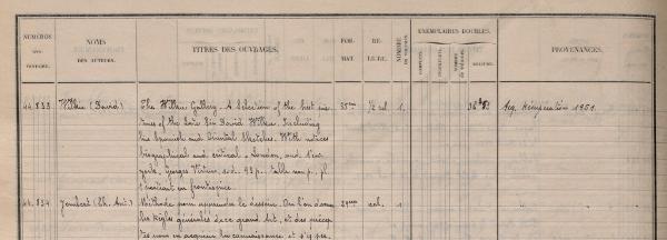 Registre d’inventaire de la BCMN de 1951, avec les achats aux Domaines signalés dans la case de la provenance. Paris, bibliothèque de l’INHA, archives de la bibliothèque.
