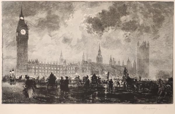 Auguste Lepère, Le Parlement de Londres à neuf heures du soir, 1890, xylographie tirée au fumé, bibliothèque de l'INHA, EM LEPÈRE 248. Cliché INHA