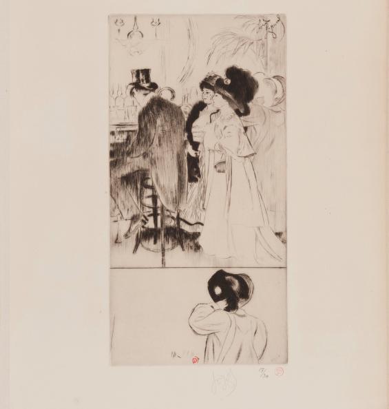 Louis Legrand, Les Bars : Le Pochard (avec remarque : Femme en chapeau vue de dos), pointe sèche, 1909. Paris, bibliothèque de l'INHA, FOL EST 239. Cliché INHA