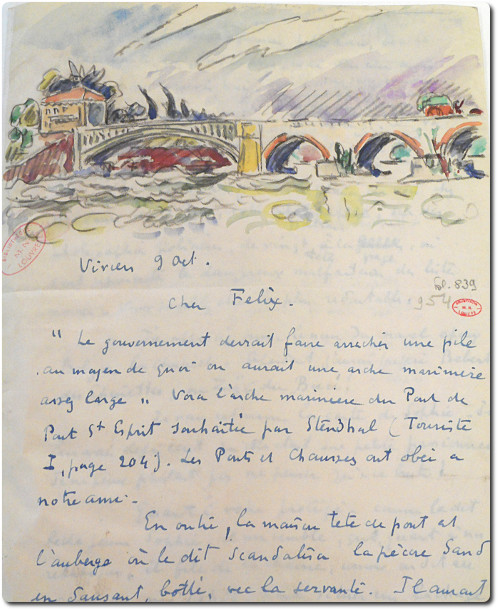 Paul Signac, Lettre autographe signée à Félix Fénéon, 1930, bibliothèque de l'INHA, BCMN Ms 310. Cliché INHA