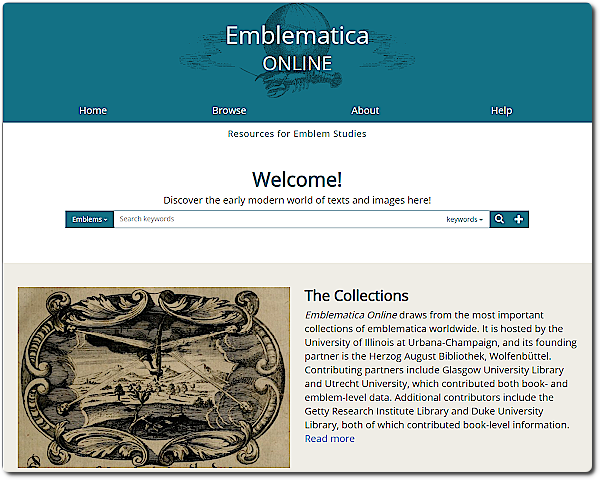 Page d'accueil de l'Emblematica Online @Université de L'Illinois