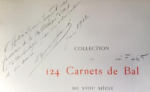 Dédicace à Jacques Doucet par Bernard Franck, page de titre, don de 124 carnets de bal