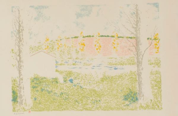 Ker-Xavier Roussel, Paysage, Album d'estampes originales de la Galerie Vollard, 2e année, lithographie en couleurs, 1897, Bibliothèque de l'INHA, VI P 21. Cliché INHA