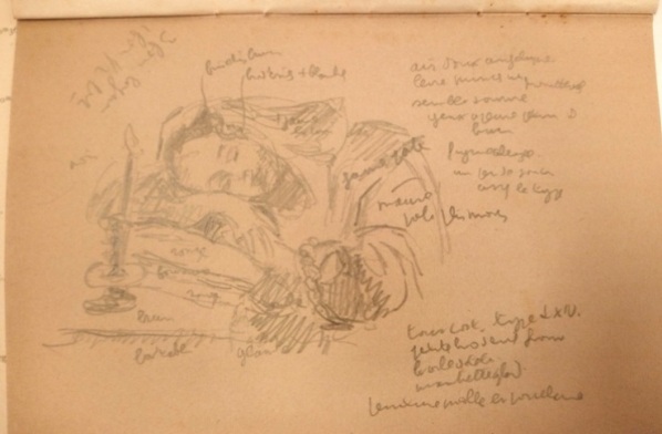 F.-G. Pariset, croquis commenté d'un tableau sur la couverture d'un catalogue de vente de 1941, graphite sur papier. Paris, bibliothèque de l'INHA, Archives 161/13/1. Cliché INHA