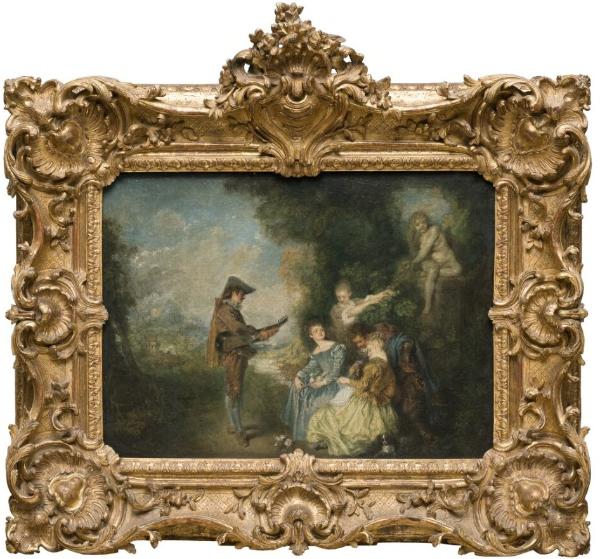 Antoine Watteau, La Leçon d'amour, huile sur bois, 44 x 61 cm, 1716-1717, Stockholm, Nationalmuseum, inv. NM 5015. Cliché Erik Cornelius, CC BY-SA 4.0.