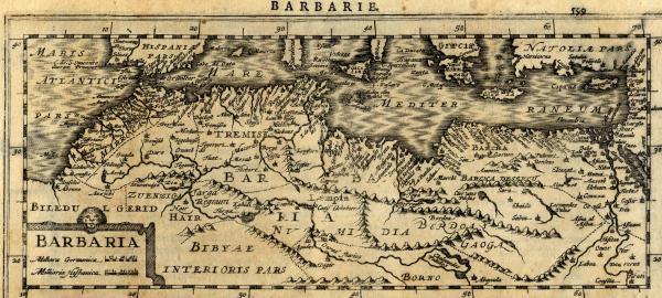 Carte géographique ancienne de la Barbarie 5Maghreb / Afrique du Nord / Maroc, Algérie, Tunisie, Lybie) dressée par le géographe Gerhard / Gerardus Mercator. Cette carte issue de l'Atlas Minor de Mercator a été gravée en 1630 par Jan Cloppenburgh à Amsterdam
