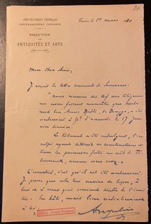 Lettre d'Alfred Merlin datée du 1er mars 1910, relatant des constructions illégales sur le site de Dougga, Paris, bibliothèque de l'INHA, Archives 106. Cliché B. Lhoyer