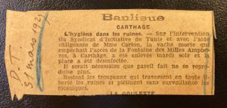 Un article sur l'hygiène des sites archéologiques issu de la Dépêche Tunisienne du 31 mars 1929, Paris, bibliothèque de l'INHA, Archives 106. Cliché B. Lhoyer