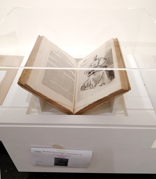 L'ouvrage de Cripin de Passe sur le dessin dans une vitrine de l'exposition de Lyon, où il est resté plus longtemps que prévu. Fol Res 894. Cliché Juliette Robain 