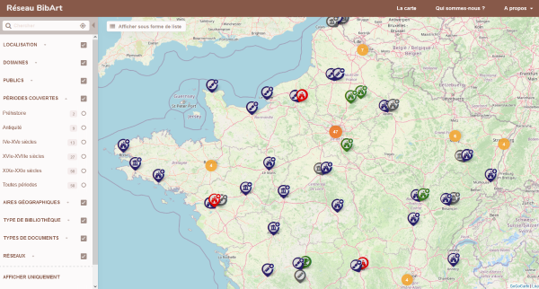 Affichage de la moitié nord de la France dans le moteur de recherche cartographique, avec la facette "Périodes couvertes" déroulée.