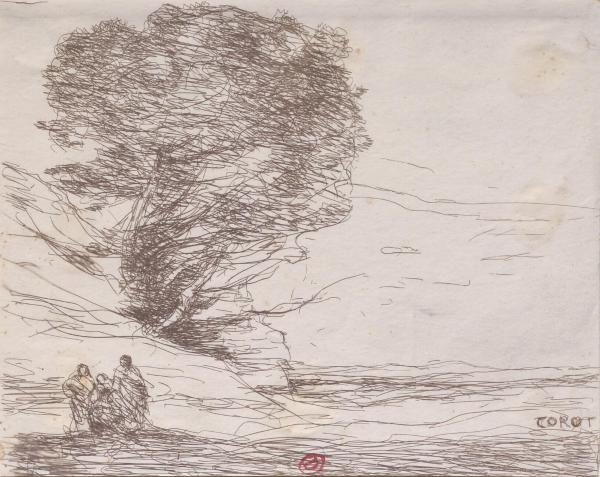 Jean-Baptiste Camille Corot, Souvenir d’Antibes, cliché-verre, 11,6 × 14,5 cm, 1874. Paris, bibliothèque de l’INHA, EM COROT 21, acquisition par Jacques Doucet en 1906. Cliché INHA