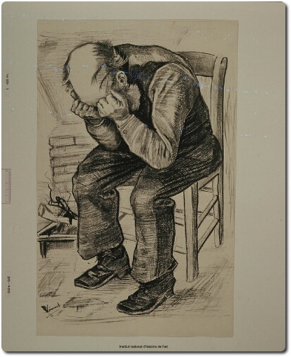 Van Gogh, gravure, vieil homme assis pleurant la tête dans les mains
