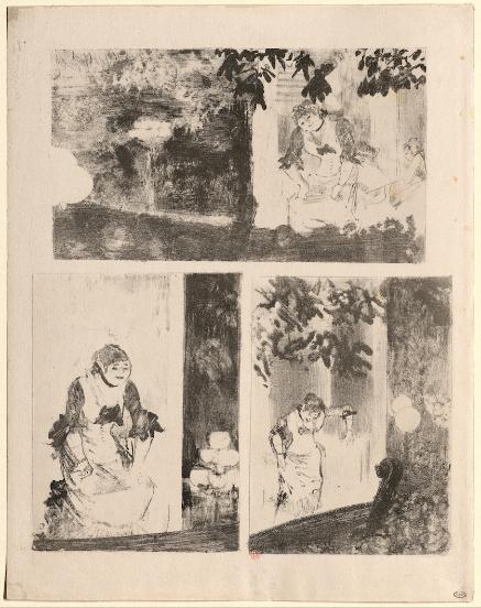 Edgar Degas, Aux ambassadeurs : Melle Bécat, trois scènes, lithographie de report à partir de 3 monotype, ancienne collection Roger Marx, bibliothèque de l'INHA, EM DEGAS 45. Cliché INHA