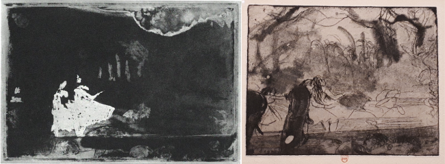 Edgar Degas. A gauche : Sur la scène II, Museum of Fine Art de Boston. A droite : Sur la scène III, état I, Bibliothèque nationale de France.
