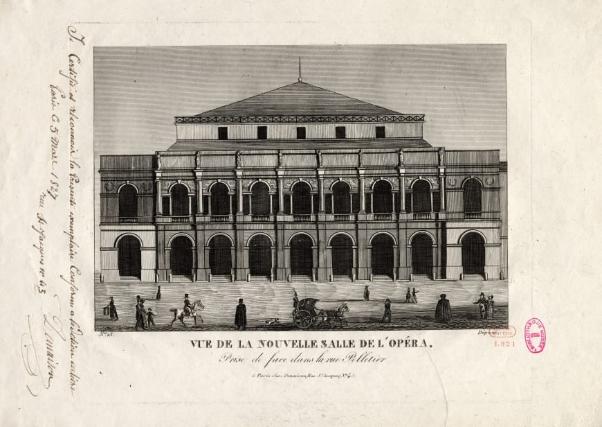 Vue de la façade principale de l’Opéra de la rue Le Peletier, estampe, 29,7 x 46,5 cm. BnF, département de la Musique, Bibliothèque-musée de l’Opéra. © BnF