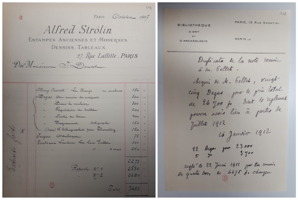 Facture Strölin (1907) et note de la BAA (1912). [Bibliothèque de l'INHA, collections Jacques Doucet : Archives Clément Janin]