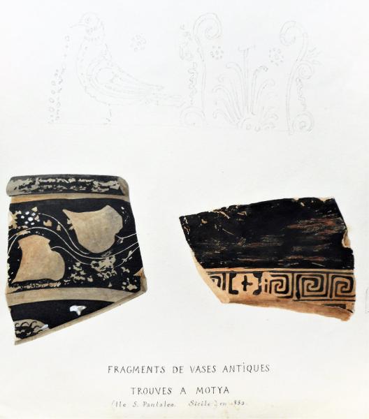 Honoré d’Albert, duc de Luynes, « Fragments de vases antiques trouvés à Motya », mine de plomb et aquarelle. Bibliothèque de l'INHA, Archives 176/1/1/1. Cliché INHA