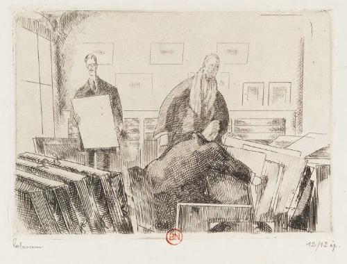 Jean Emile Laboureur, L'Amateur d'estampes, 1925, eau-forte et burin. Petiet est représenté à gauche. Cliché BnF (Gallica)