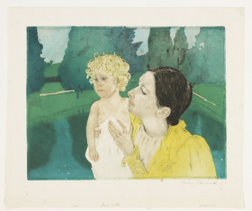 Mary Cassatt, Jeune mère dans un parc devant un bassin, vers 1896-1898, eau-forte, pointe sèche et aquatinte en couleurs, bibliothèque de l'INHA, EM CASSATT, Mary 10. Cliché INHA