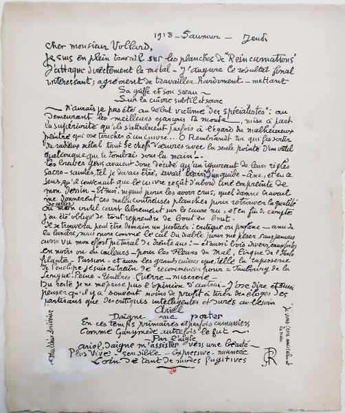 Défets Vollard : lettre manuscrite de Georges Rouault à Ambroise Vollard, 1918, bibliothèque de l'INHA, Fol Est 700 (5). Cliché INHA
