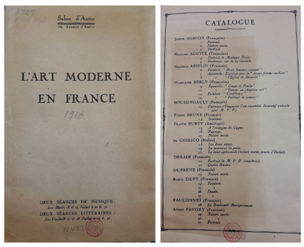 A gauche : catalogue de l'exposition L'art moderne en France au Salon d'Antin [1916], Paris, bibliothèque de l'INHA, 8 Res 848. A droite : une page du même catalogue. Cliché INHA