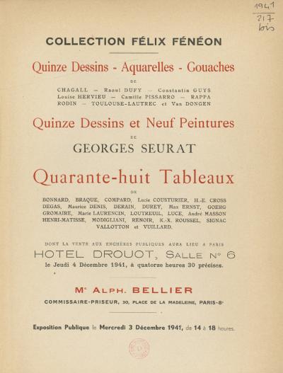 Catalogue de vente de la collection Fénéon, 4 décembre 1941, bibliothèque de l'INHA, VP 1941/217bis. Cliché INHA