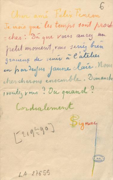 Paul Signac, lettre à Félix Fénéon, 21 septembre 1890, crayons de couleur sur papier, bibliothèque de l’INHA, BCMN Ms 408 (6). Cliché INHA