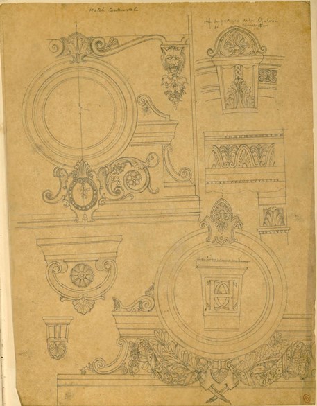[Eugène Girard], ornements pour l’hôtel Continental, s. d., graphite sur calque. Paris, bibliothèque de l’INHA, collections Jacques Doucet, Ms 665, f. 5. Photo INHA.