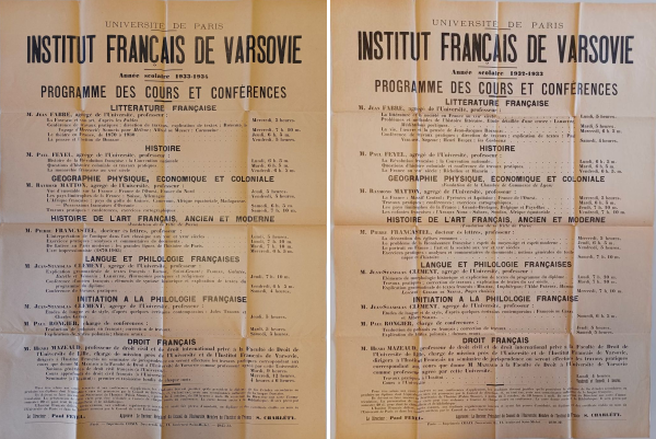 Affiches de cours de l’Institut français de Varsovie, 1933-1934 (à gauche) et 1932-1933 (à droite). Paris, bibliothèque de l’INHA, collections Jacques Doucet, Archives 43/ 19/1. Cliché INHA.