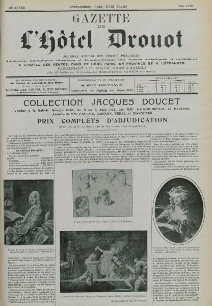 Collection Jacques Doucet, prix complets d'adjudication, in La Gazette de l'hôtel Drouot, juin 1912. Paris, bibliothèque de l'INHA, 4 X 0991. Cliché INHA