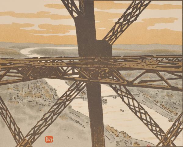 Henri Rivière, Les trente-six vues de la Tour Eiffel : Dans la Tour, lithographie en couleurs, 1902. Paris, bibliothèque de l'INHA, 4 EST 150. Cliché INHA