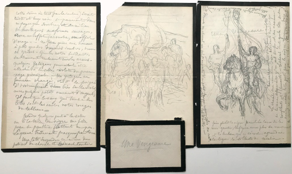Henri Regnault, notes et croquis pour "Une Vengeance", graphite sur papier à lettres. Paris, bibliothèque de l'INHA, Archives 171/2/2/4.