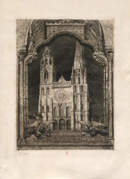 Charles Jouas, projet de frontispice pour La Cathédrale de J.-K. Huysmans, Paris, 1909. Paris, bibliothèque de l'INHA, Fol Res 867, f. 1