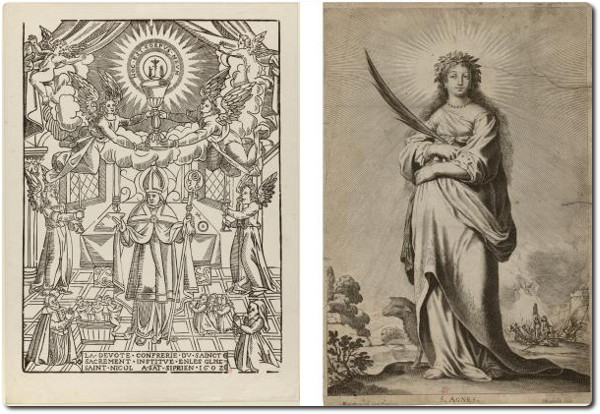 Gravure sur bois représentant le Saint Sacrement et gravure sur cuivre en taille douce représentant sainte Agnès