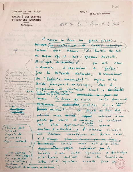 Fig. 5. André Chastel, « Notes sur la "Revue de l’art" », vers 1967-1969. Paris, bibliothèque de l’INHA, Archives 90/32/1. Cliché INHA.
