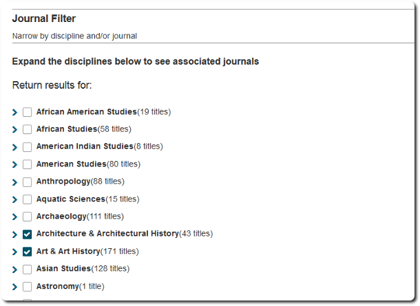 Interface "Recherche Avancée" - Filtre par disciplines @JSTOR