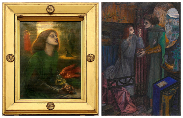 A gauche : Dante Gabriel Rossetti, Beata Beatrix, c.1864-70. Cliché Sailko, source Wikimedia Commons. A droite :  Elizabeth Siddal, Clerk Saunders, 1857. Source Wikimedia Commons.