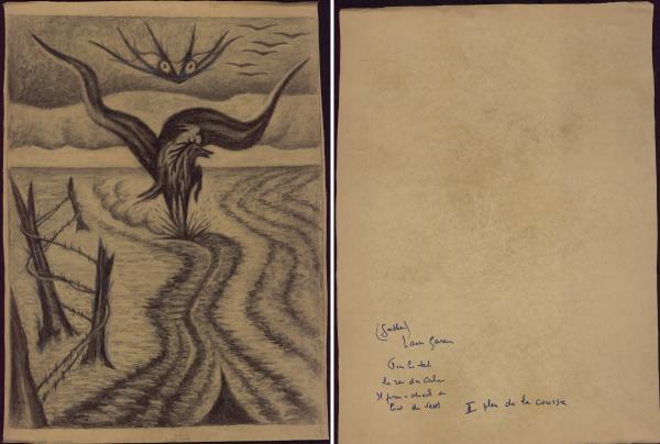 Laure Garcin, « Il passe à cheval au bruit du vent », fusain sur papier pour le court-métrage Le Roi des Aulnes, 78,5 × 57 cm, 1948, recto et verso. Paris, bibliothèque de l'INHA, OE 5 (5). Droits réservés. Clichés INHA.