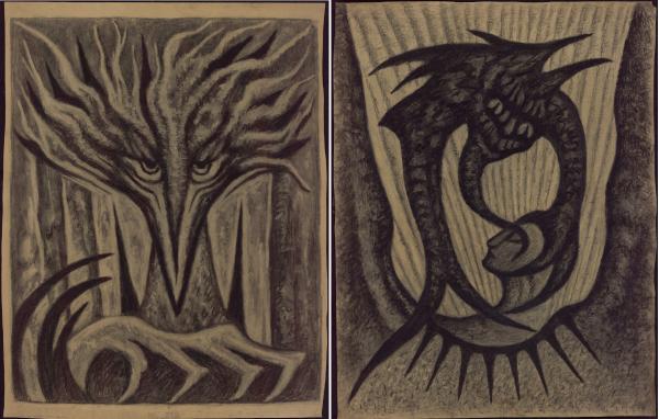 Laure Garcin, [Sans titre] (à gauche) et « Sombre et farouche il me tient déjà ! » (à droite), fusains pour le court-métrage Le Roi des Aulnes, 1948. Paris, bibliothèque de l'INHA, OE 5 (4) et (3). Droits réservés. Clichés INHA.