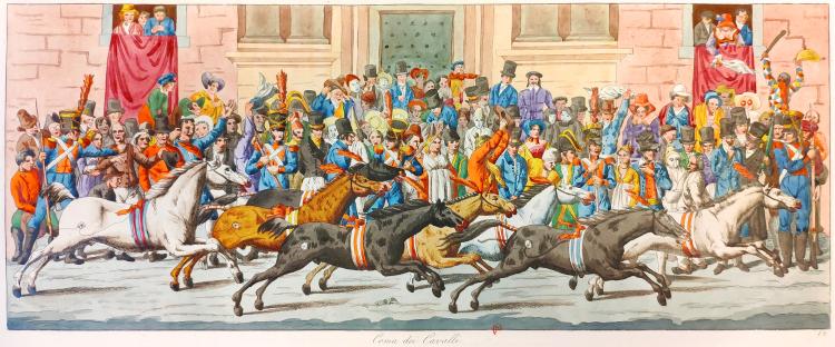 Hjalmar Mörner, Il Carnevale di Roma, 12e planche : Corsa dei Cavalli, eau-forte, bibliothèque de l’INHA, Fol Est 375. Cliché INHA