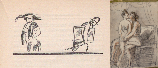 À gauche : illustration de Chas Laborde pour Léo Larguier, L'après-midi chez l'antiquaire, 1922, bibliothèque de l’INHA, 12 RES 2145, p. 35. À droite : anonyme, couple enlacé, dessin au crayon, fusain et lavis, bibliothèque de l'INHA, Ms 860, entre les feuillets 52 et 51. Clichés INHA.