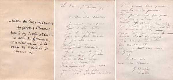 Gustave Courbet, lettre du 7 février 1876 adressée à Gustave Paul Cluseret. Paris, bibliothèque de l'INHA, Ms 860, entre les feuillets 131 et 132. Cliché INHA.