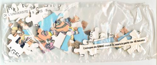 Galerie Berggruen, invitation au vernissage des Collages de Erró, 31 mars 1992, puzzle sous pochette plastique scellée, INHA, CVA2 Erro. Cliché INHA