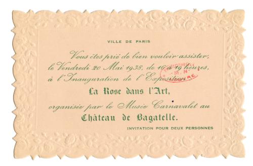 Musée Carnavalet, invitation au vernissage de La Rose dans l'art, 20 mai 1938, don de la BCMN en 2006, INHA, CVM1 Paris, musée Carnavalet. Cliché INHA