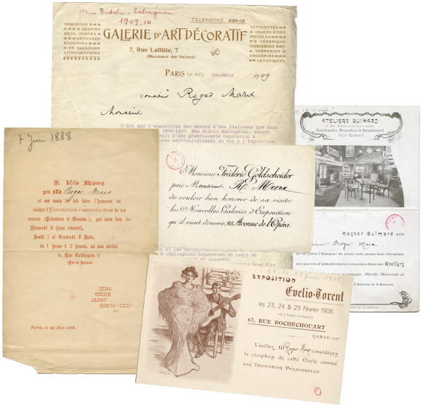 Quelques invitations adressées à Roger Marx (Félix Régamey, 1888 ; Frédéric Goldscheider, [1892] ; Evelio Torent, 1906 ; Hector Guimard, [1907 ?] ; Ida Bidoli-Salvagnini, 1909). Paris, bibliothèque de l’INHA, CVA1. Cliché INHA