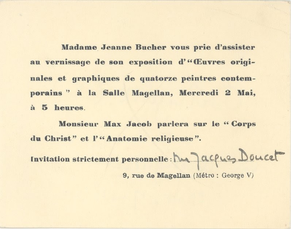Invitation adressée à Jacques Doucet, 2 mai [1928]. Paris, bibliothèque de l’INHA, CVG1 Galerie Jeanne Bucher. Cliché INHA