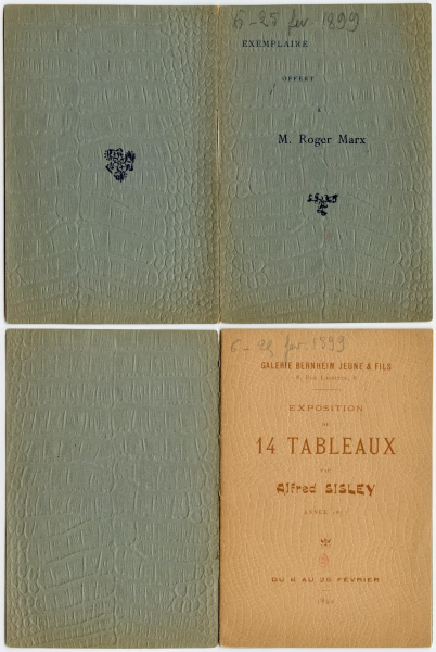 Livret de l'exposition Sisley des 6-25 février 1899, couverture et page de titre, exemplaire personnel de Roger Marx. Paris, bibliothèque de l’INHA, CVA1 Sisley (Alfred). Cliché INHA